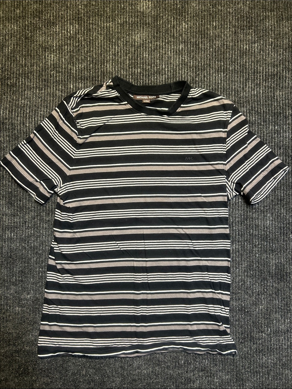 Michael Kors Black, Gray & White Striped Short Sleeve Tee Shirt